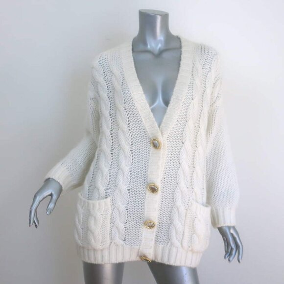 Alessandra Rich Crystal-Button Oversized Cable Knit Cardigan Cream Size 40 - Picture 1 of 6